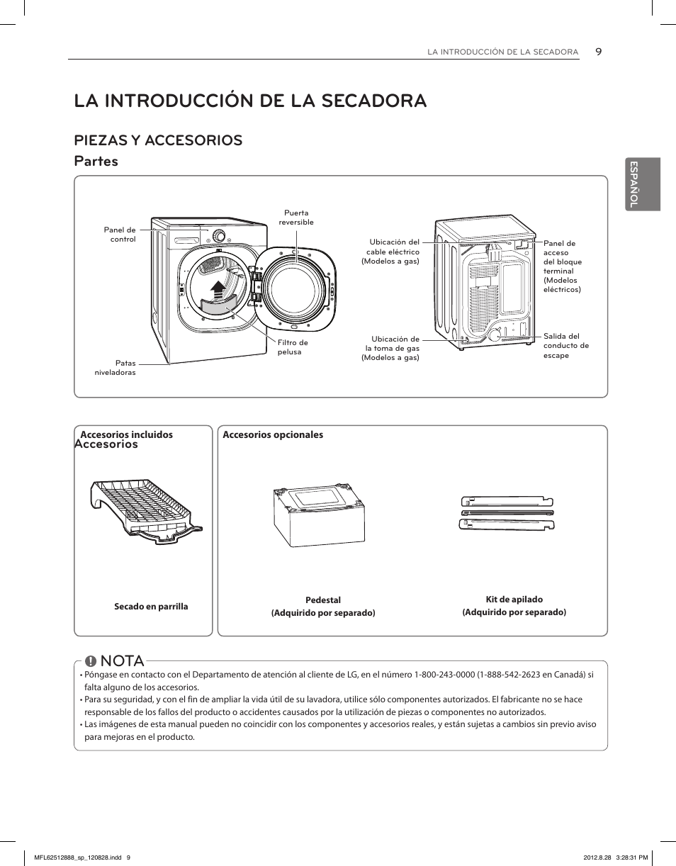 La introducción de la secadora, Nota, Piezas y accesorios partes | Accesorios | LG DLGX4071V User Manual | Page 55 / 100