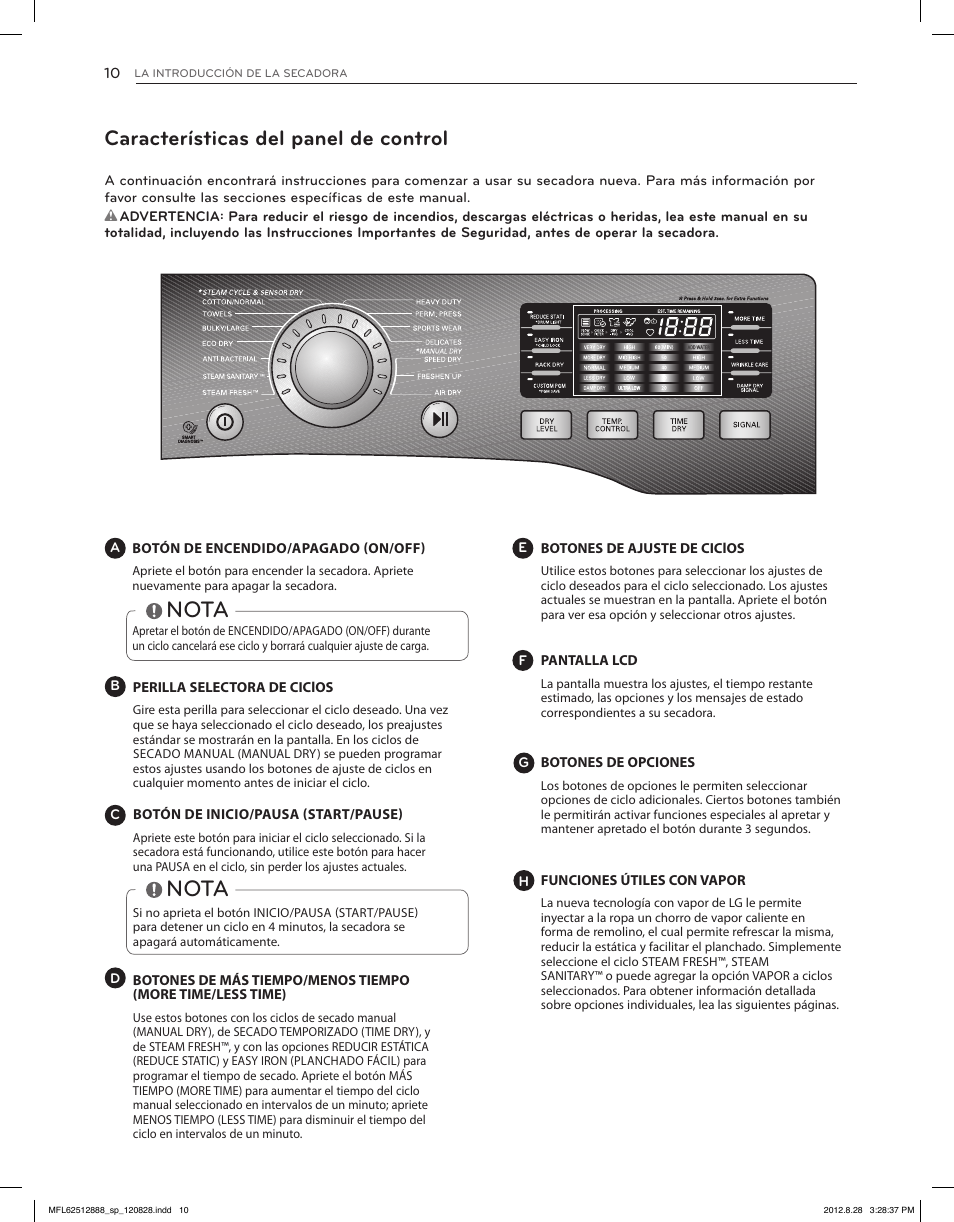 Nota, Características del panel de control | LG DLGX4071V User Manual | Page 56 / 100