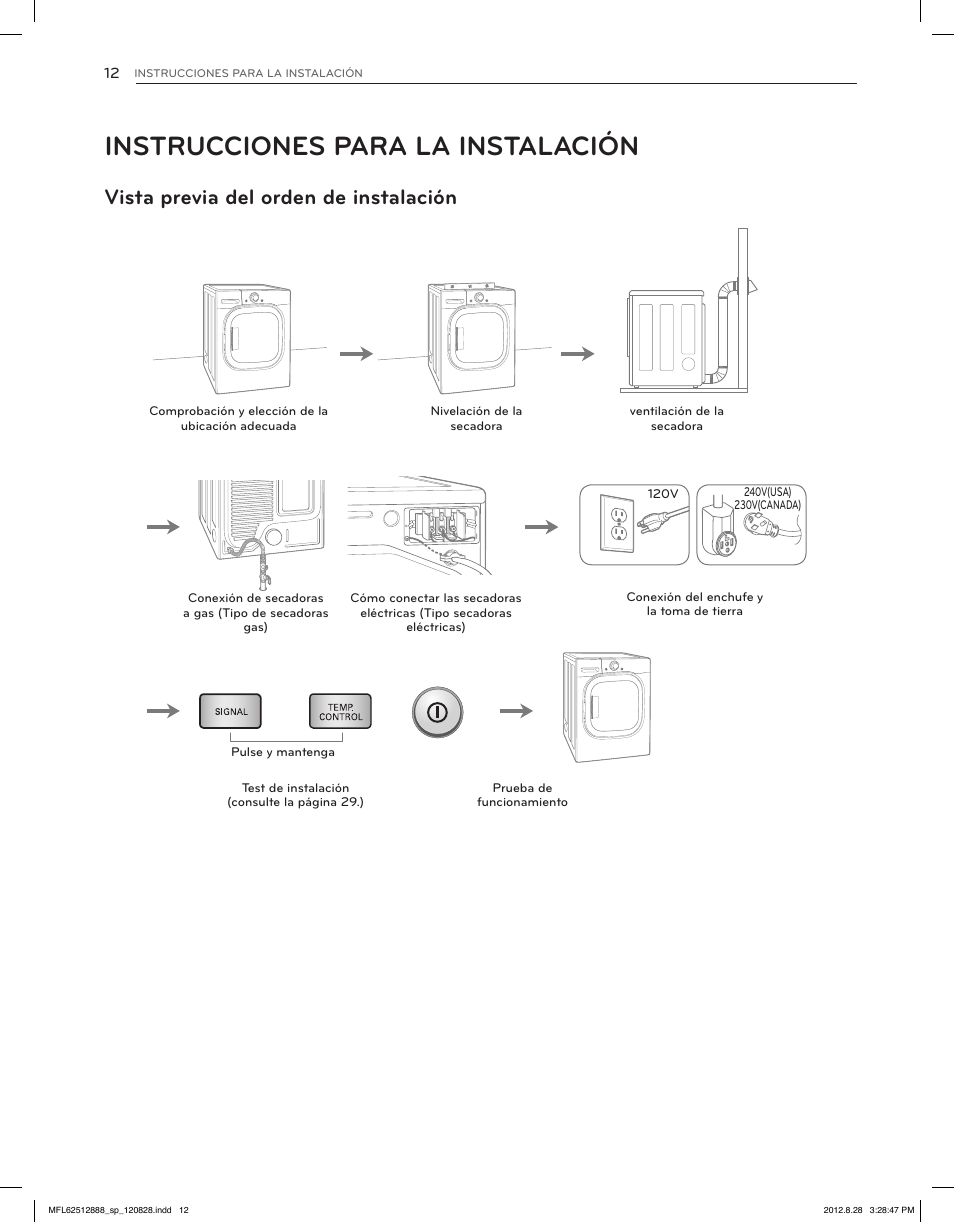 Instrucciones para la instalación, Vista previa del orden de instalación | LG DLGX4071V User Manual | Page 58 / 100