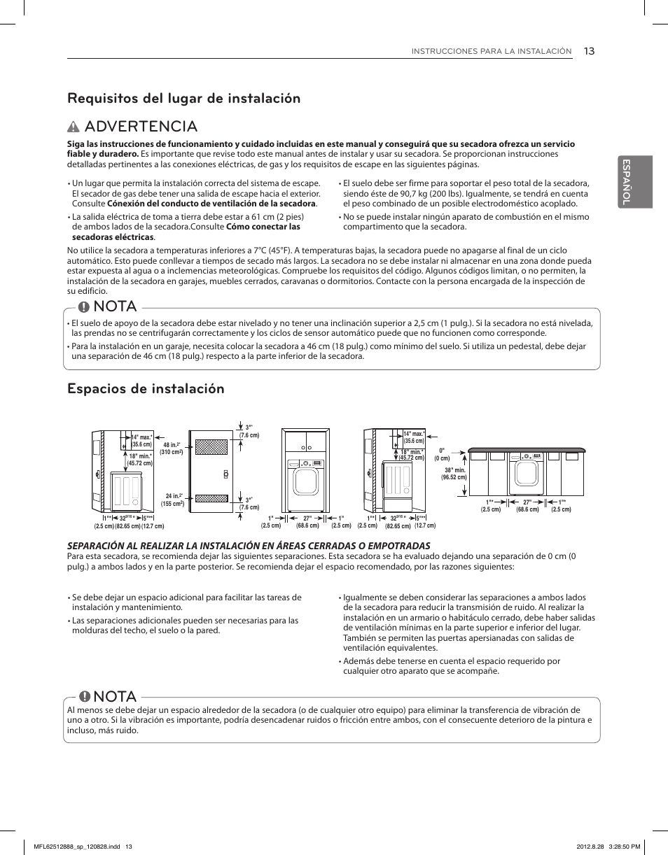 Advertencia, Nota, Requisitos del lugar de instalación | Espacios de instalación, Esp añol | LG DLGX4071V User Manual | Page 59 / 100