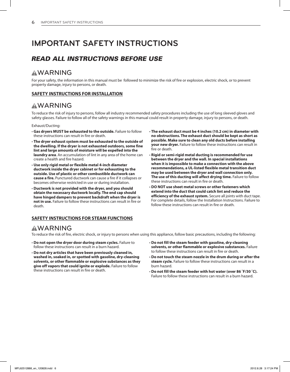 Important safety instructions, Warning, Read all instructions before use w | LG DLGX4071V User Manual | Page 6 / 100