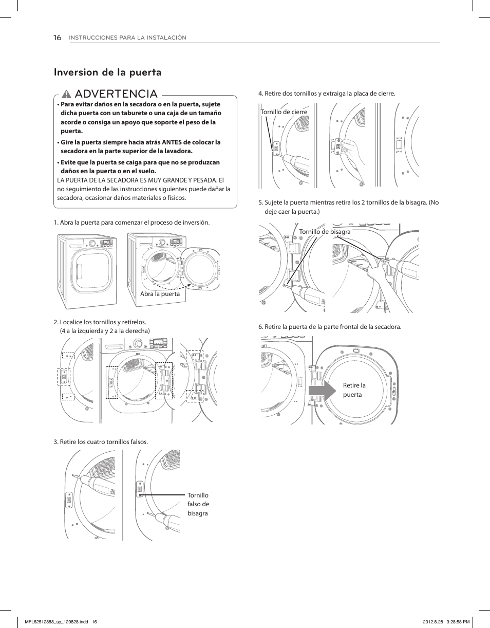 Advertencia, Inversion de la puerta | LG DLGX4071V User Manual | Page 62 / 100