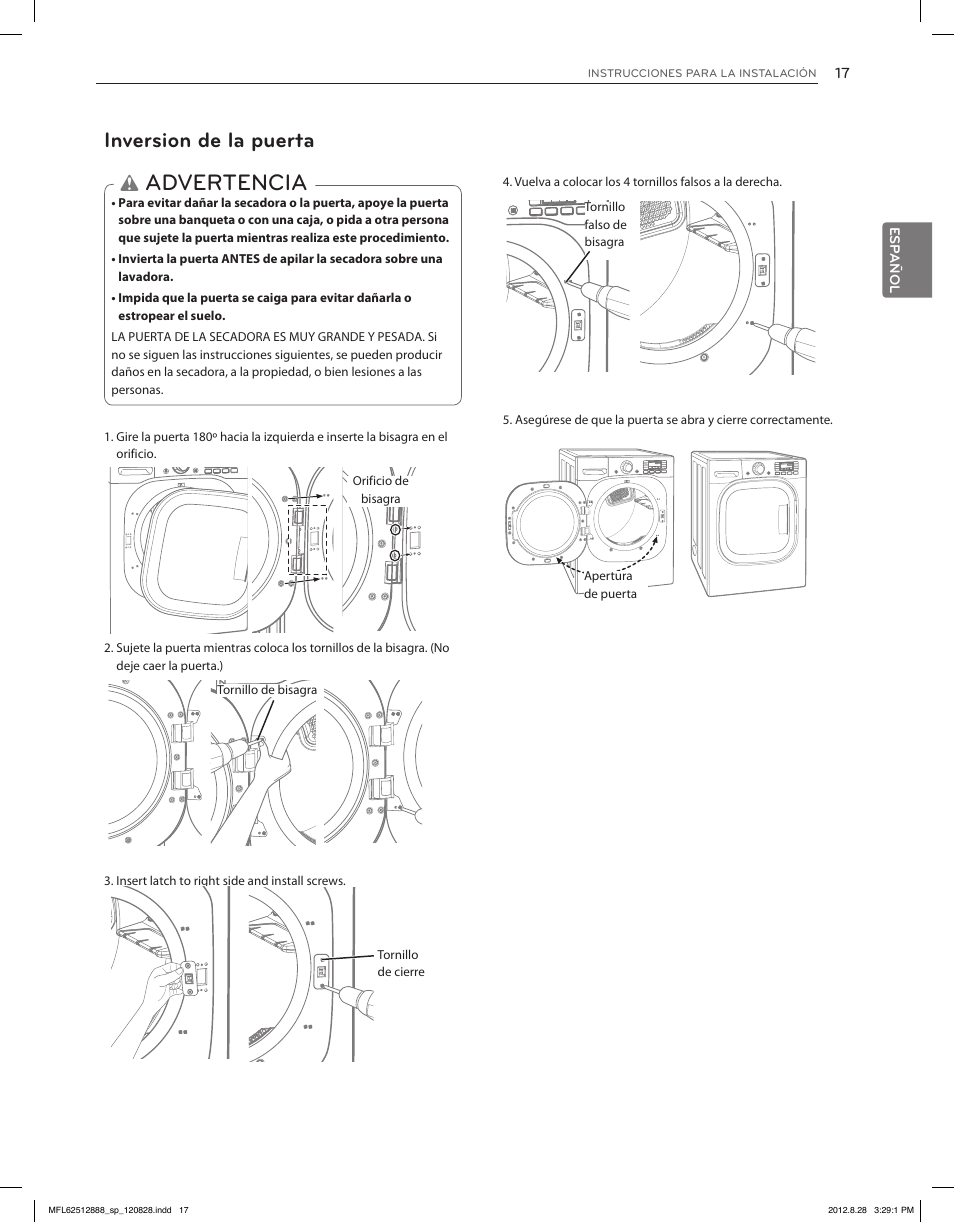 Advertencia, Inversion de la puerta | LG DLGX4071V User Manual | Page 63 / 100