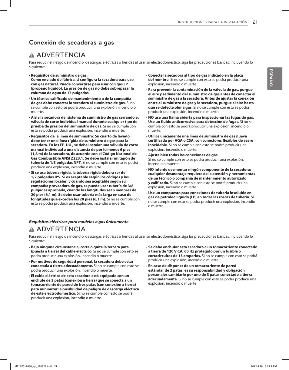 Advertencia, Conexión de secadoras a gas | LG DLGX4071V User Manual | Page 67 / 100