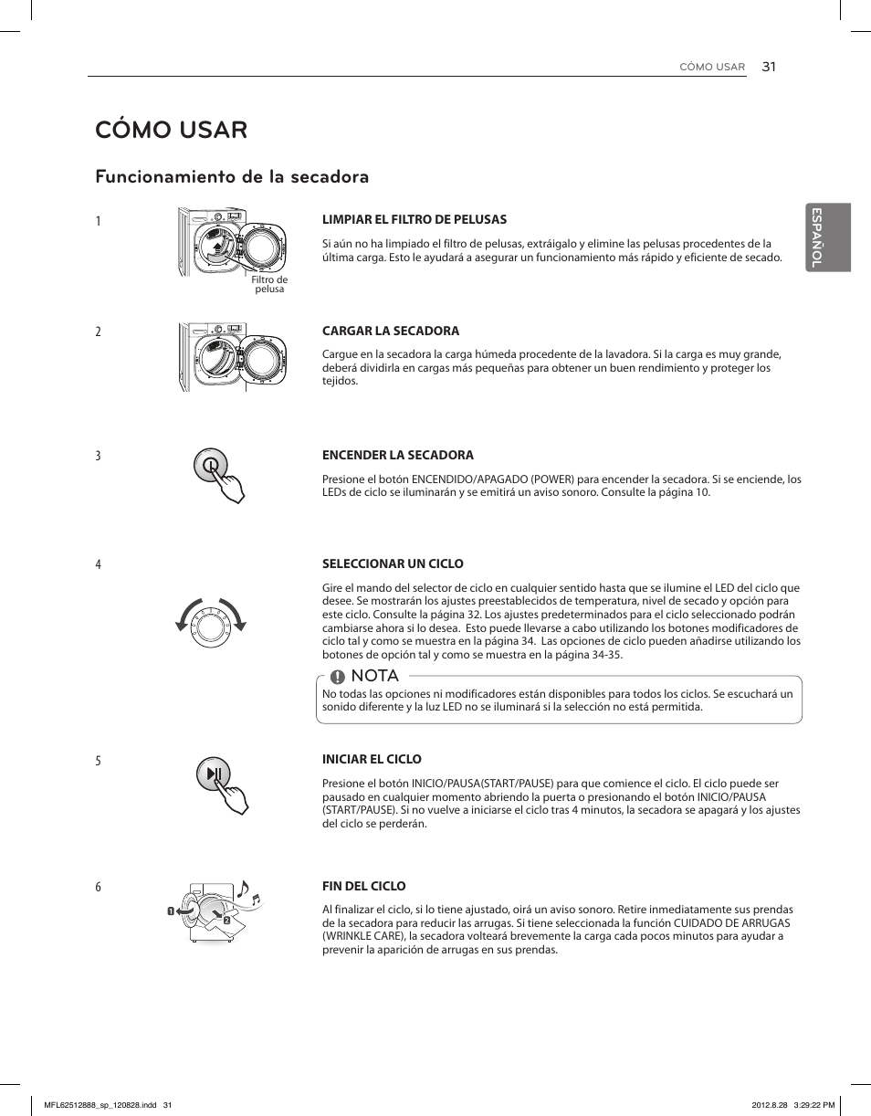 Cómo usar, Funcionamiento de la secadora, Nota | LG DLGX4071V User Manual | Page 77 / 100