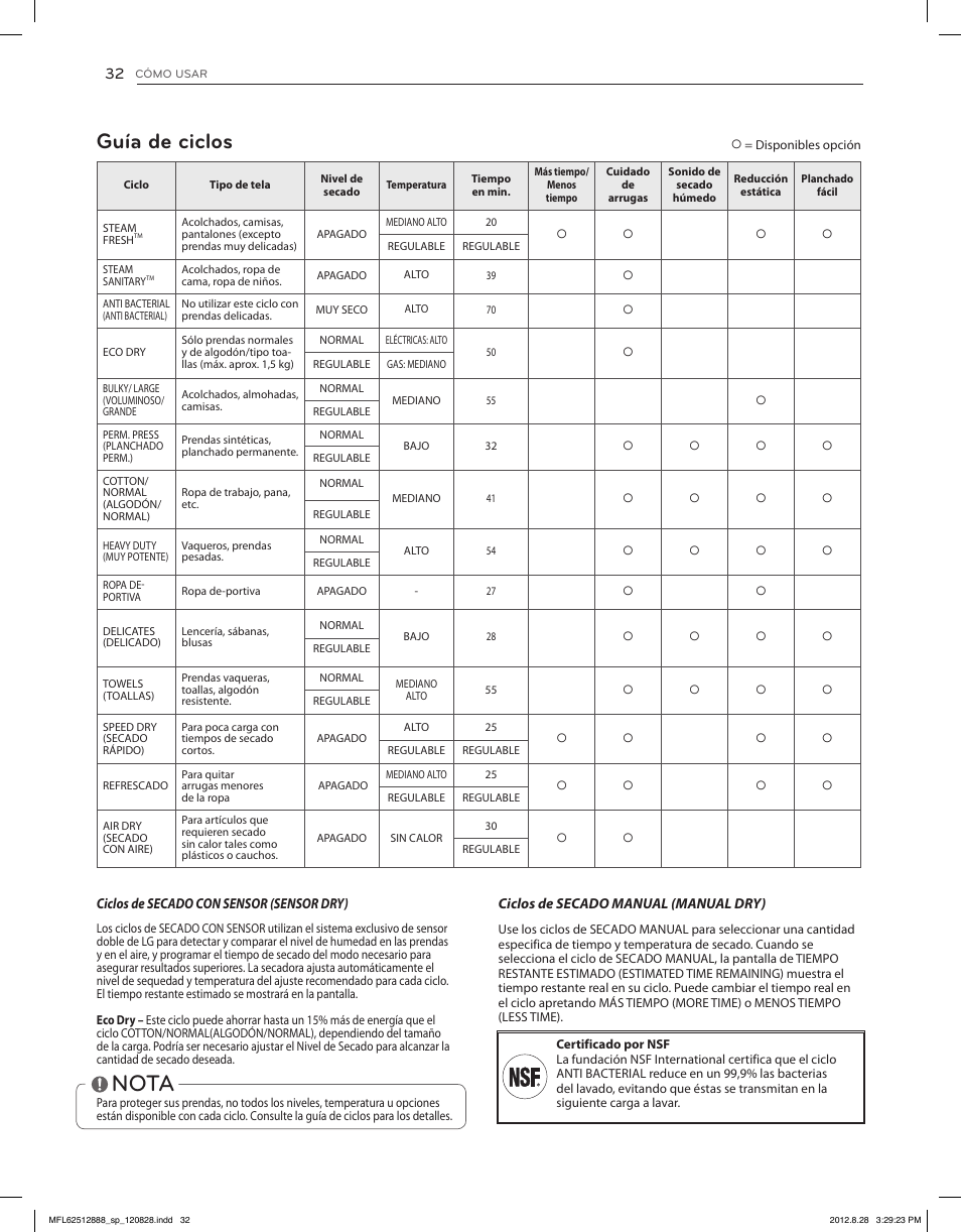 Nota, Guía de ciclos | LG DLGX4071V User Manual | Page 78 / 100