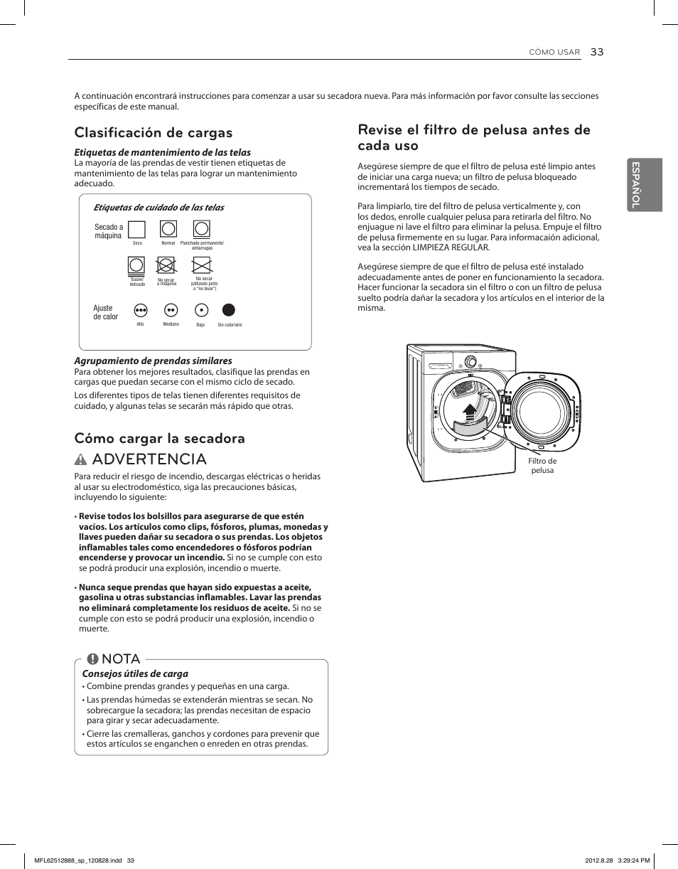 Advertencia, Revise el filtro de pelusa antes de cada uso, Clasificación de cargas | Cómo cargar la secadora, Nota | LG DLGX4071V User Manual | Page 79 / 100