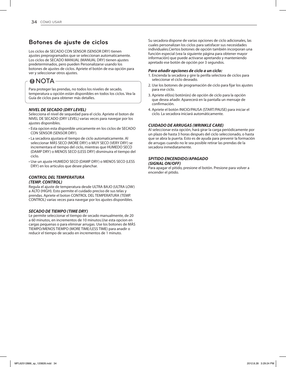 Nota, Botones de ajuste de ciclos | LG DLGX4071V User Manual | Page 80 / 100