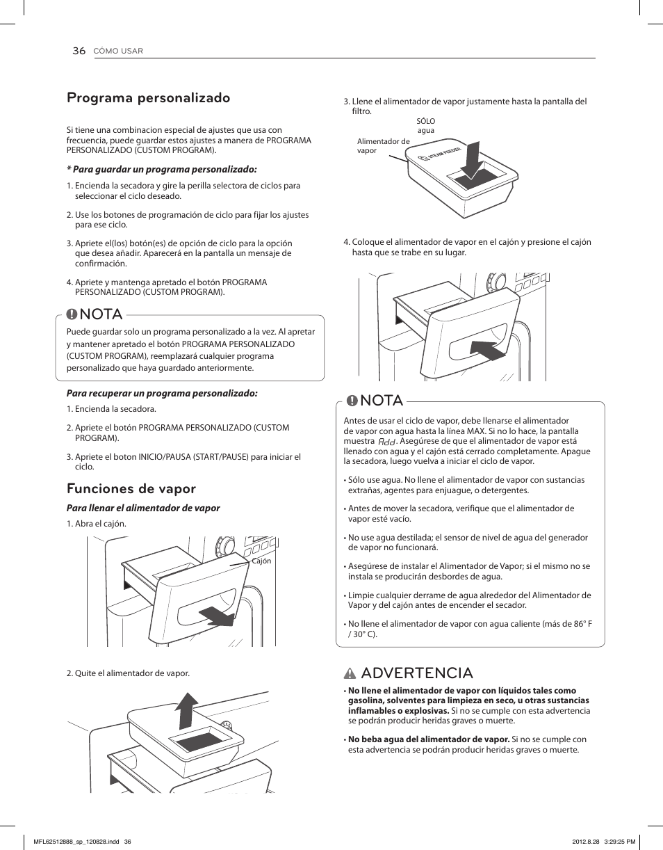 Advertencia, Nota, Funciones de vapor | Programa personalizado | LG DLGX4071V User Manual | Page 82 / 100