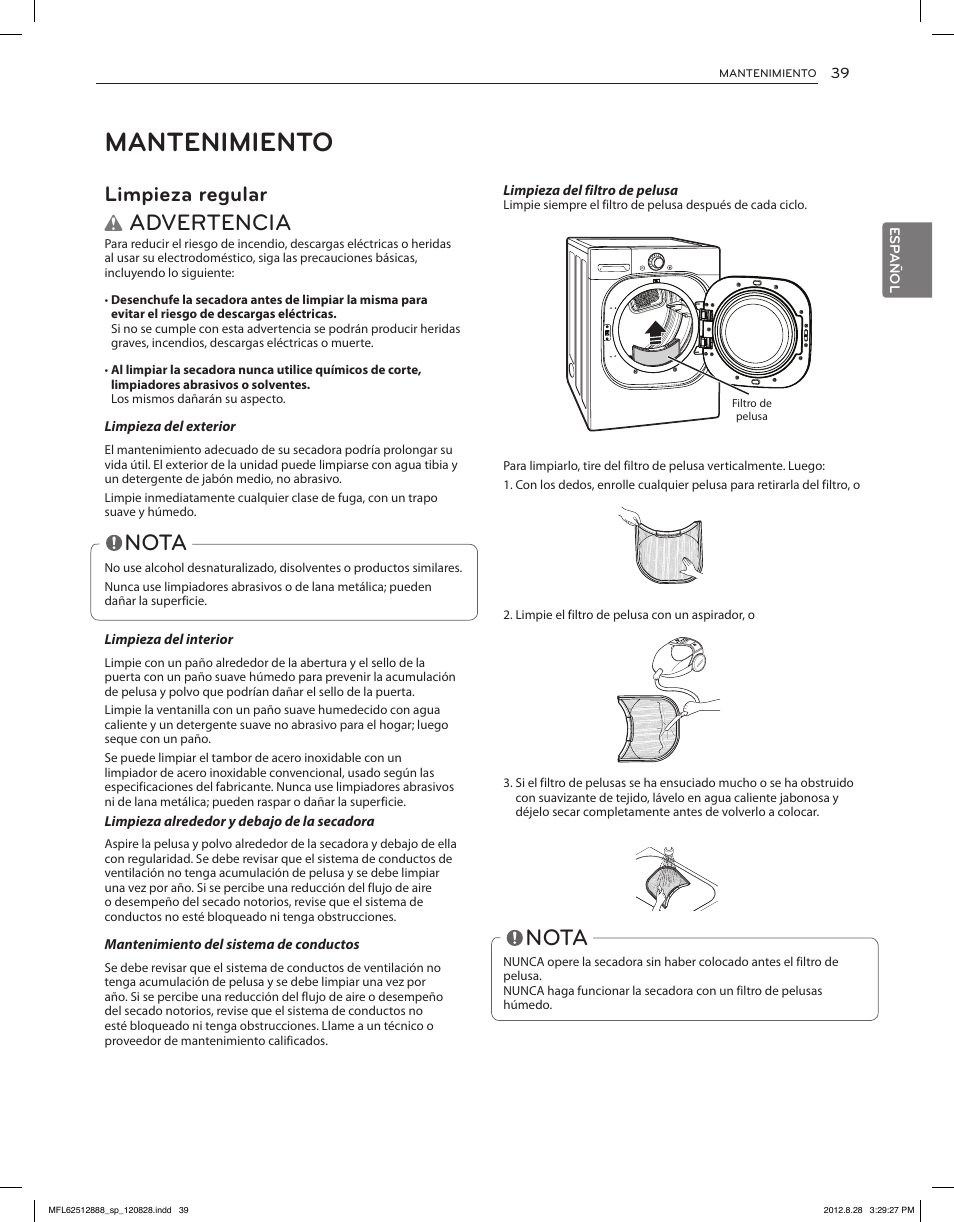 Mantenimiento, Advertencia, Nota | Limpieza regular | LG DLGX4071V User Manual | Page 85 / 100