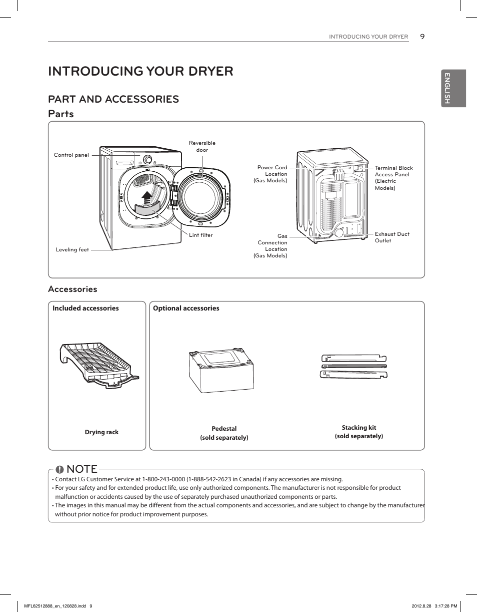 Introducing your dryer, Part and accessories parts, Accessories | LG DLGX4071V User Manual | Page 9 / 100