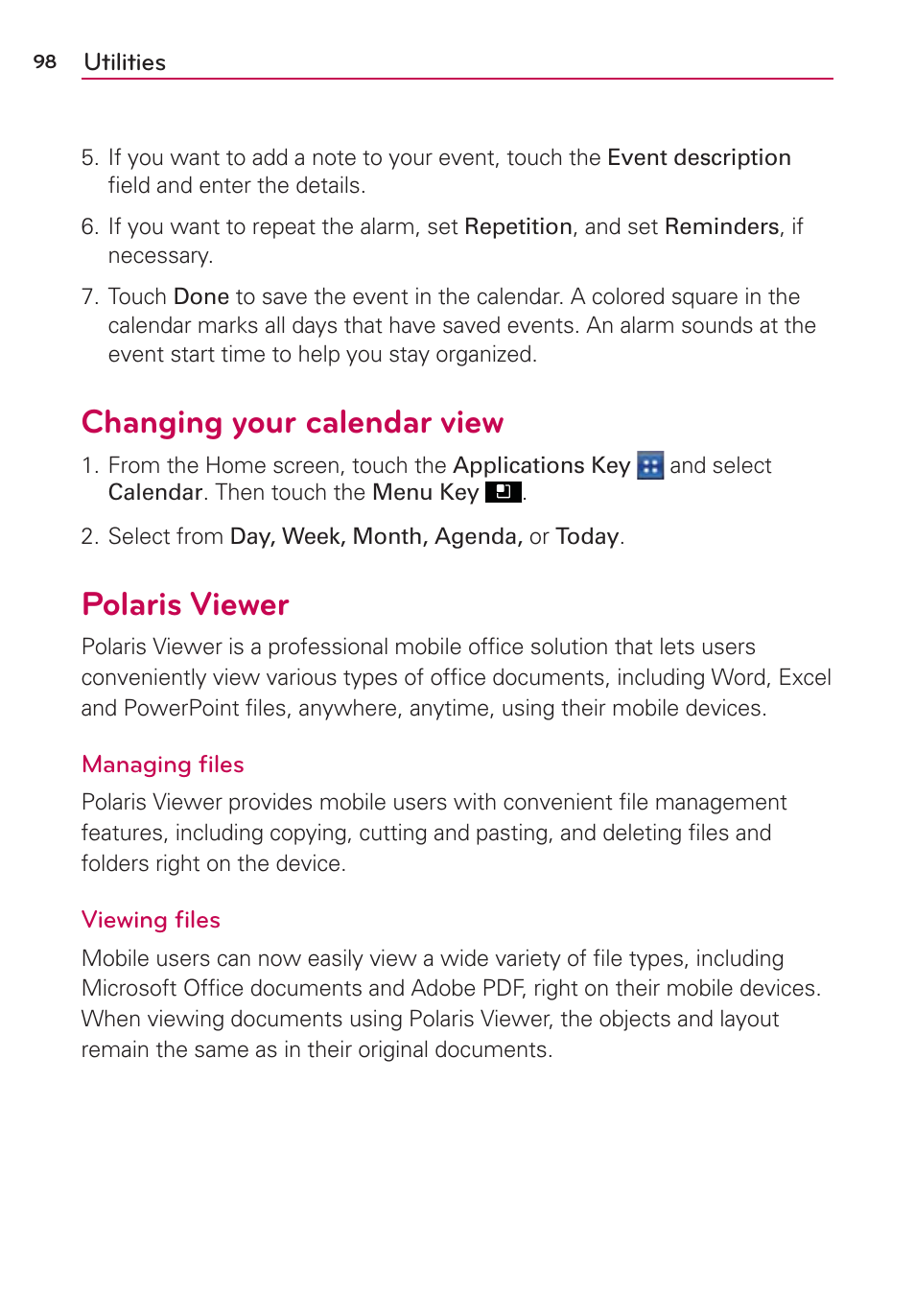 Changing your calendar view, Polaris viewer | LG LGMS695 User Manual | Page 100 / 157