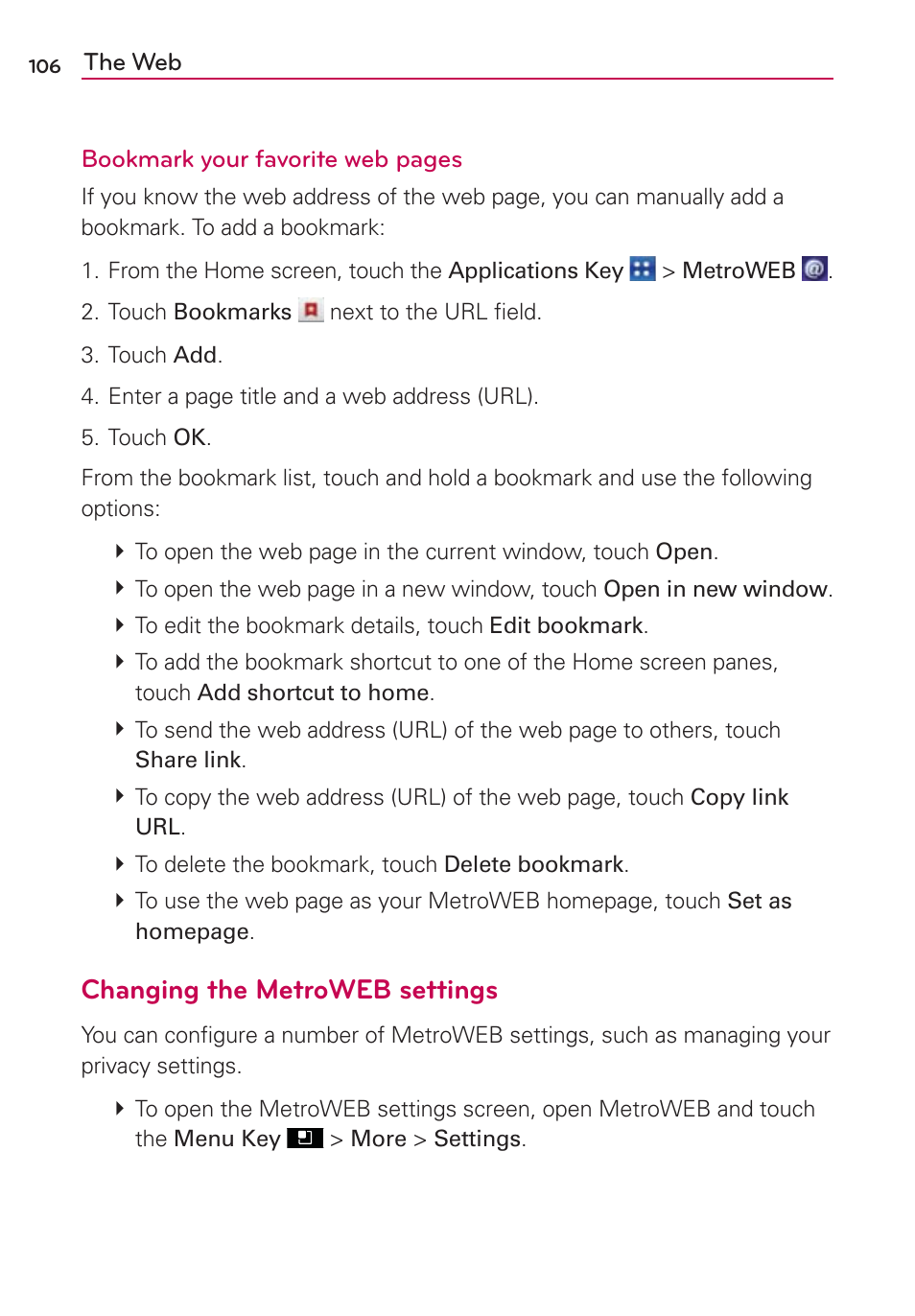 Changing the metroweb settings | LG LGMS695 User Manual | Page 108 / 157