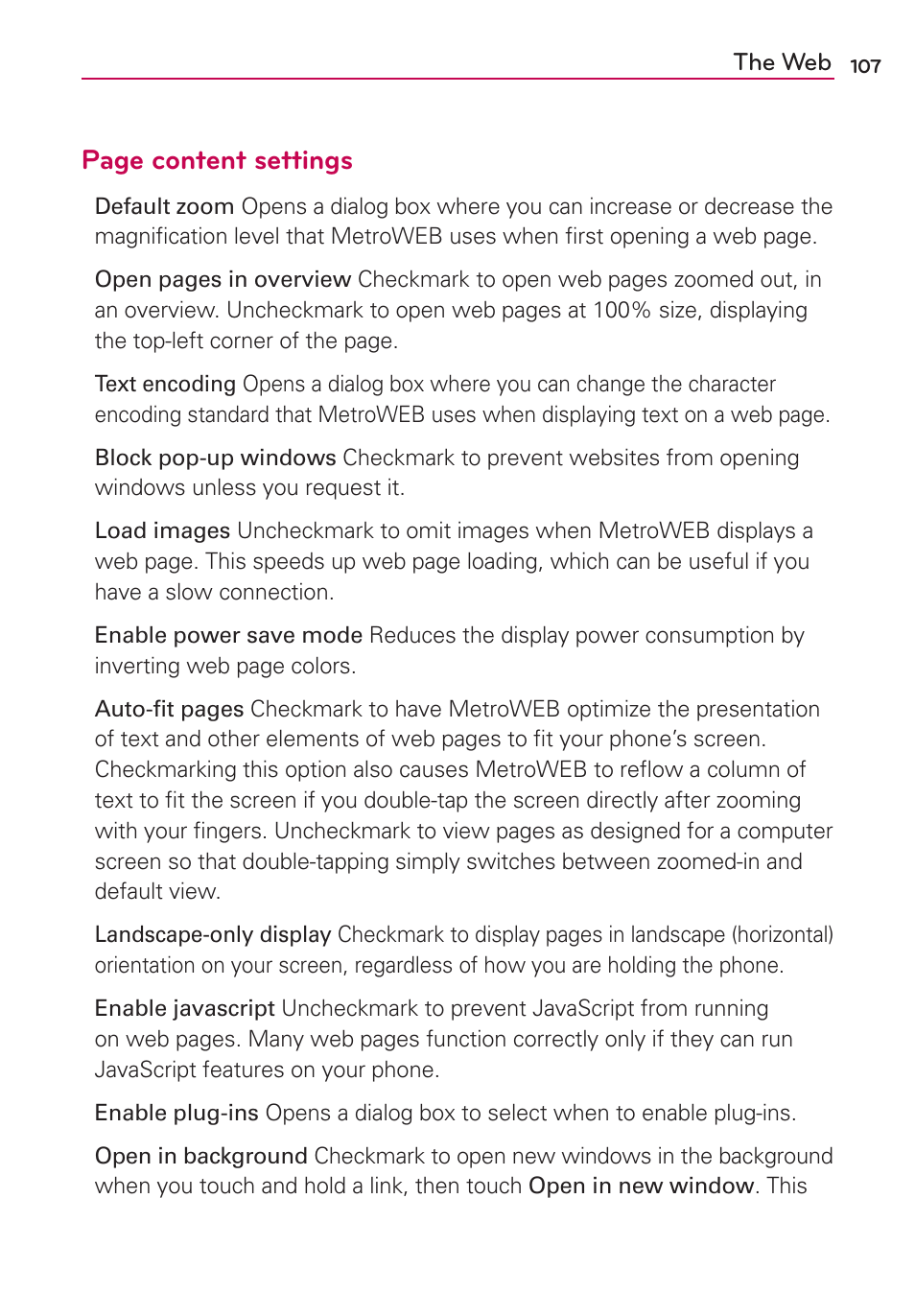 Page content settings | LG LGMS695 User Manual | Page 109 / 157