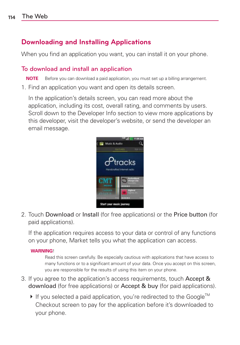 Downloading and installing applications, The web | LG LGMS695 User Manual | Page 116 / 157