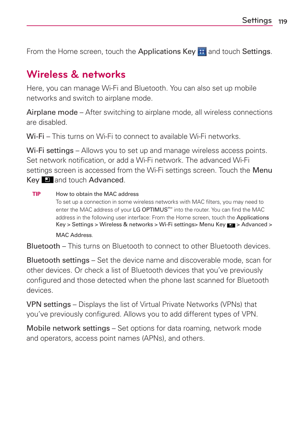 Settings, Wireless & networks | LG LGMS695 User Manual | Page 121 / 157