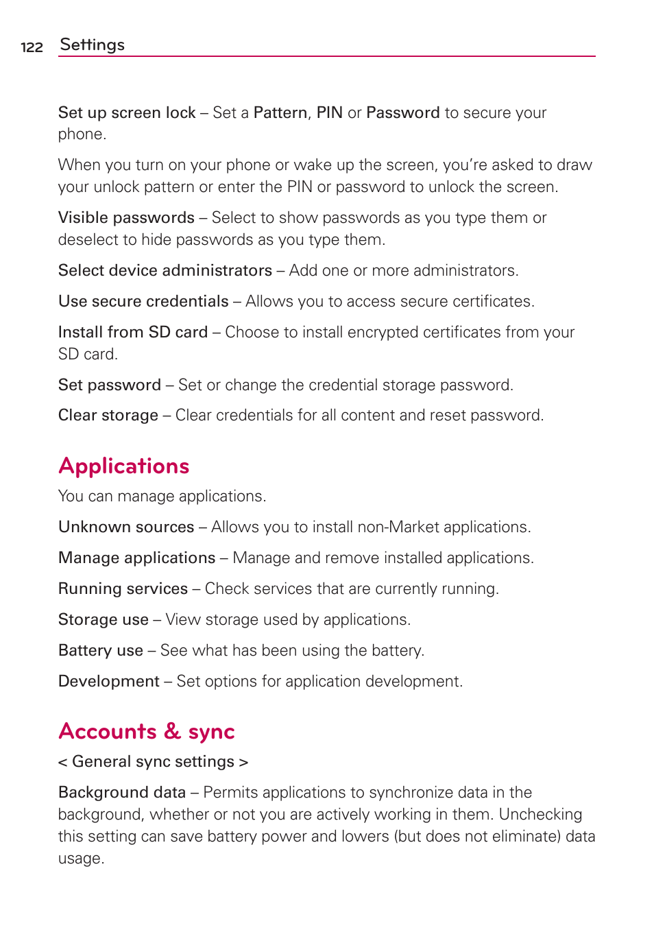 Applications, Accounts & sync | LG LGMS695 User Manual | Page 124 / 157