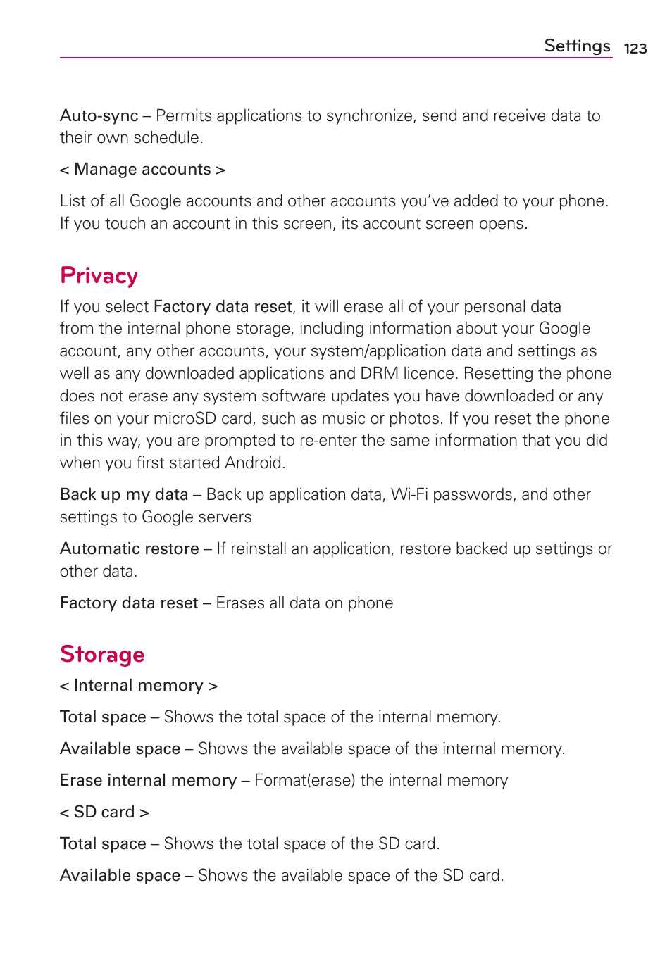 Privacy, Storage | LG LGMS695 User Manual | Page 125 / 157