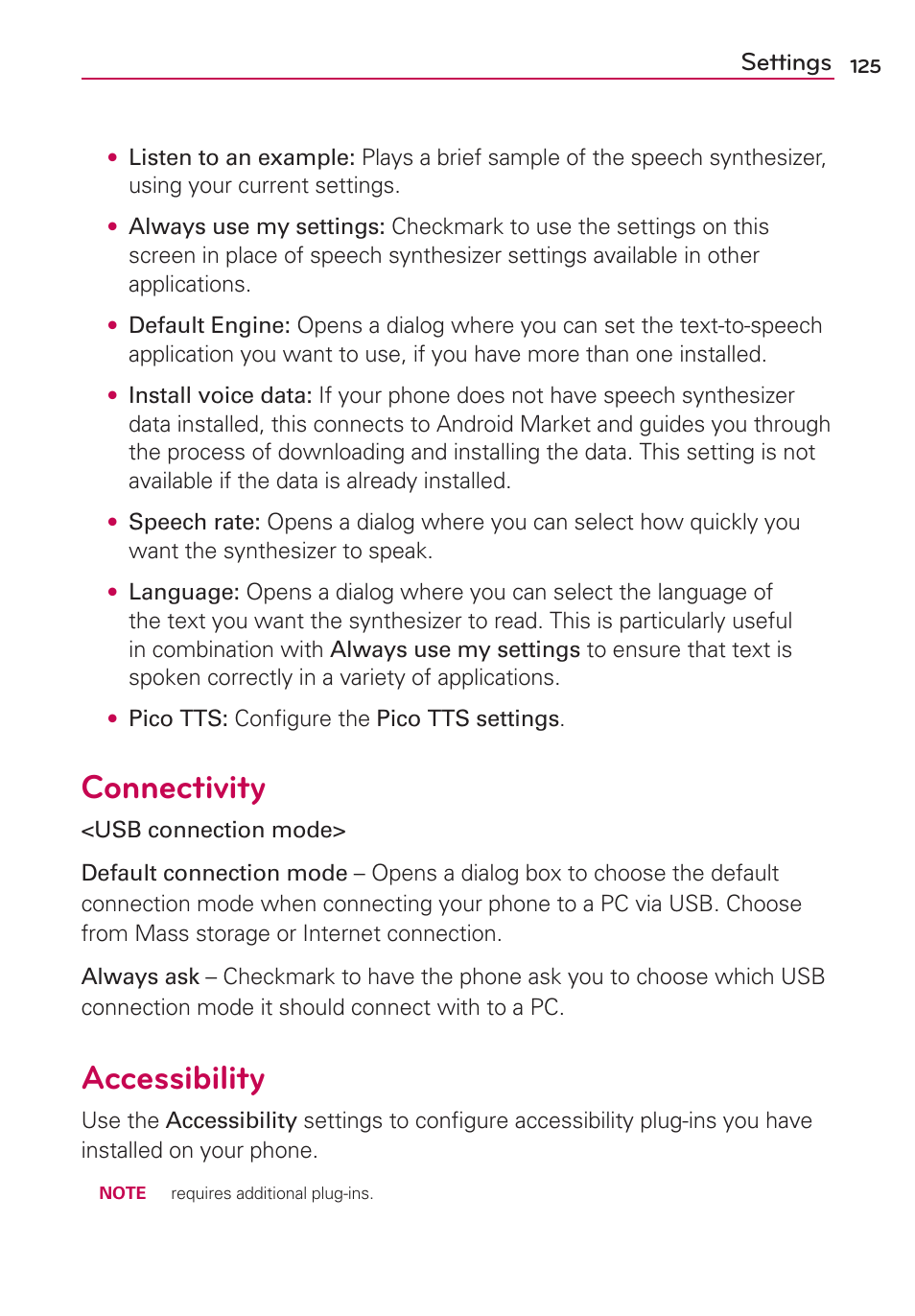 Connectivity, Accessibility, Settings | LG LGMS695 User Manual | Page 127 / 157