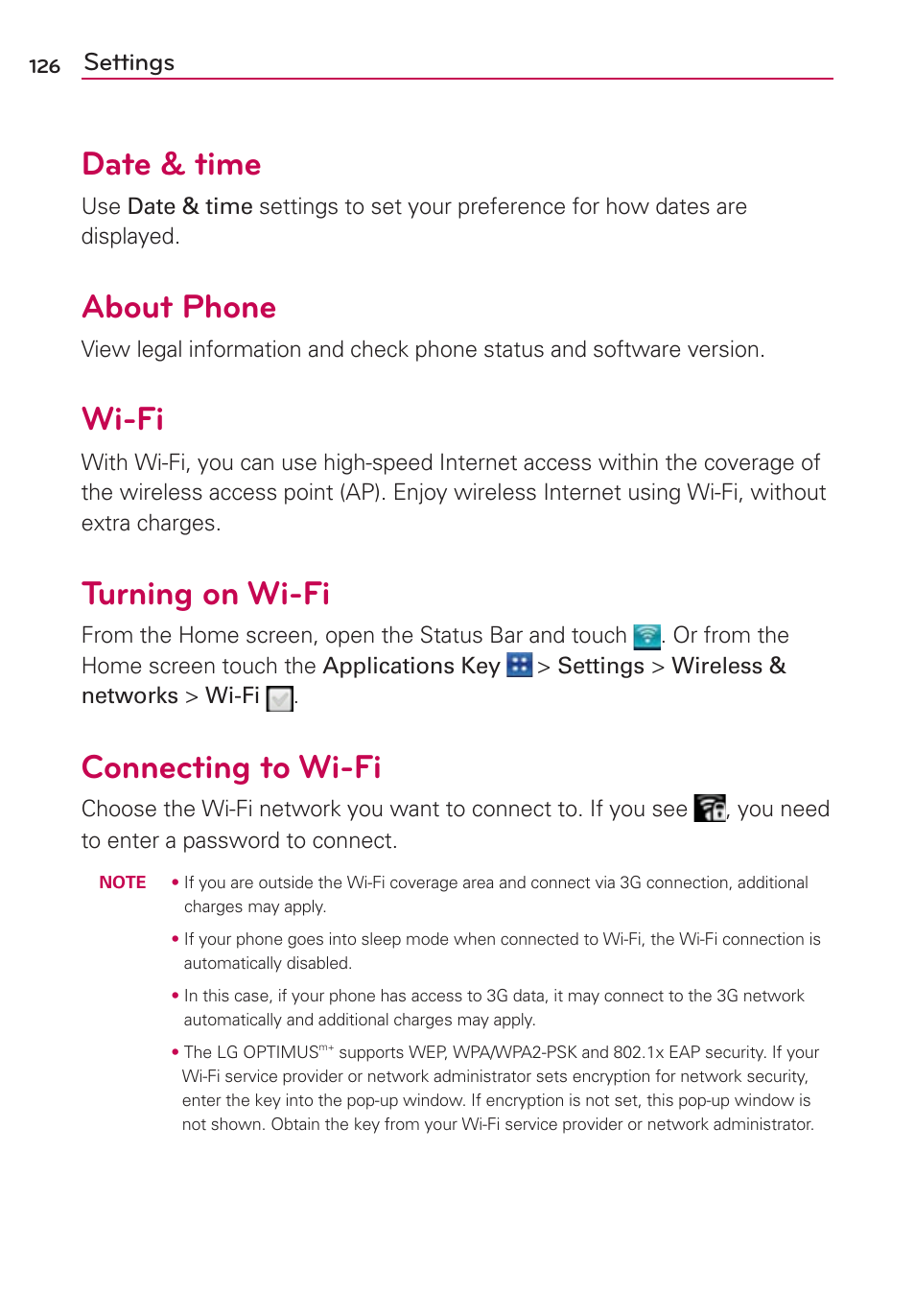 Date & time, About phone, Wi-fi | Turning on wi-fi, Connecting to wi-fi, Settings | LG LGMS695 User Manual | Page 128 / 157