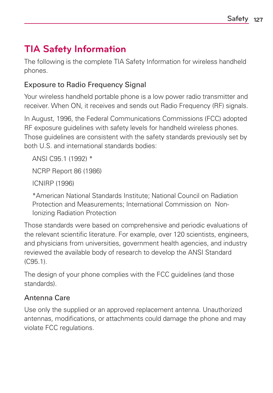 Safety, Tia safety information | LG LGMS695 User Manual | Page 129 / 157