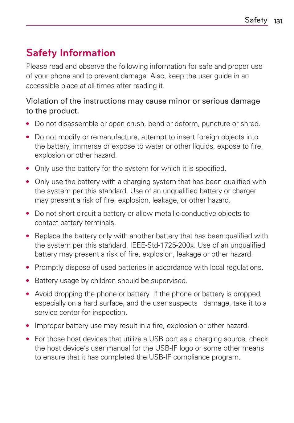 Safety information, Safety | LG LGMS695 User Manual | Page 133 / 157