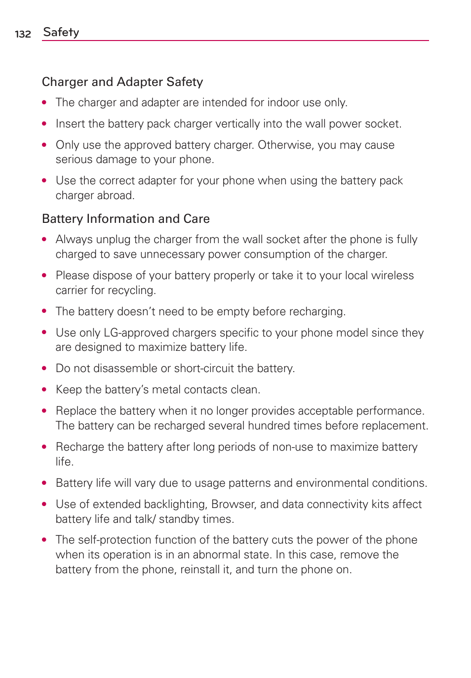 Safety, Charger and adapter safety, Battery information and care | Do not disassemble or short-circuit the battery, Keep the battery’s metal contacts clean | LG LGMS695 User Manual | Page 134 / 157