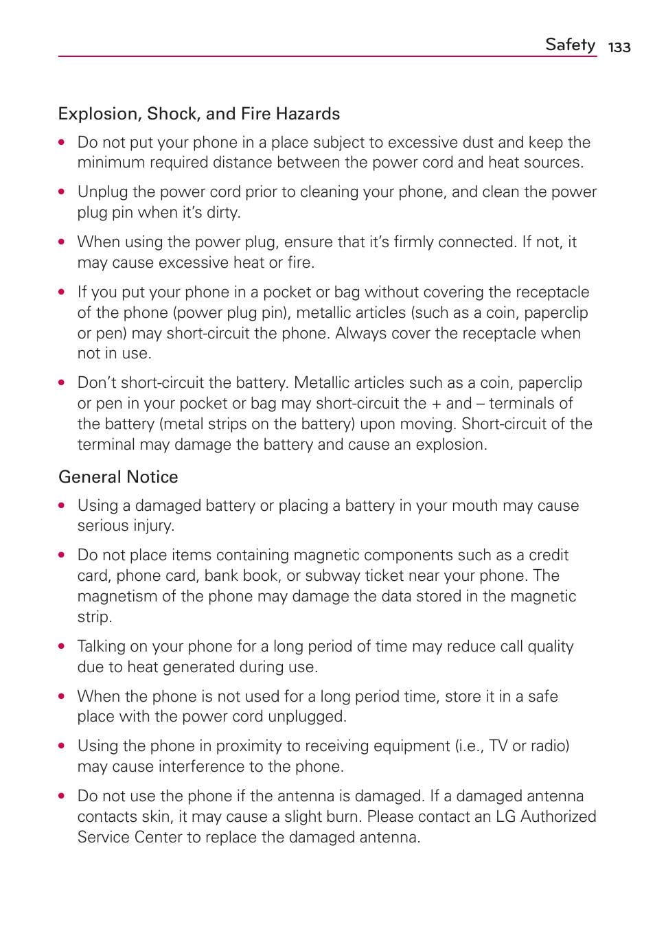 Safety, Explosion, shock, and fire hazards, General notice | LG LGMS695 User Manual | Page 135 / 157