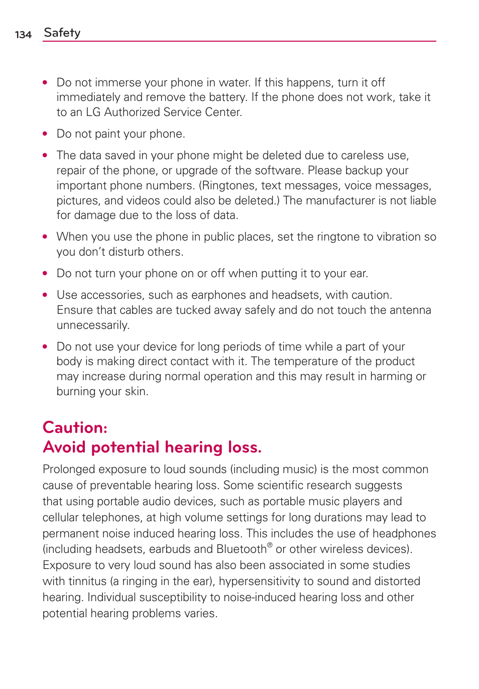 Caution: avoid potential hearing loss, Safety | LG LGMS695 User Manual | Page 136 / 157