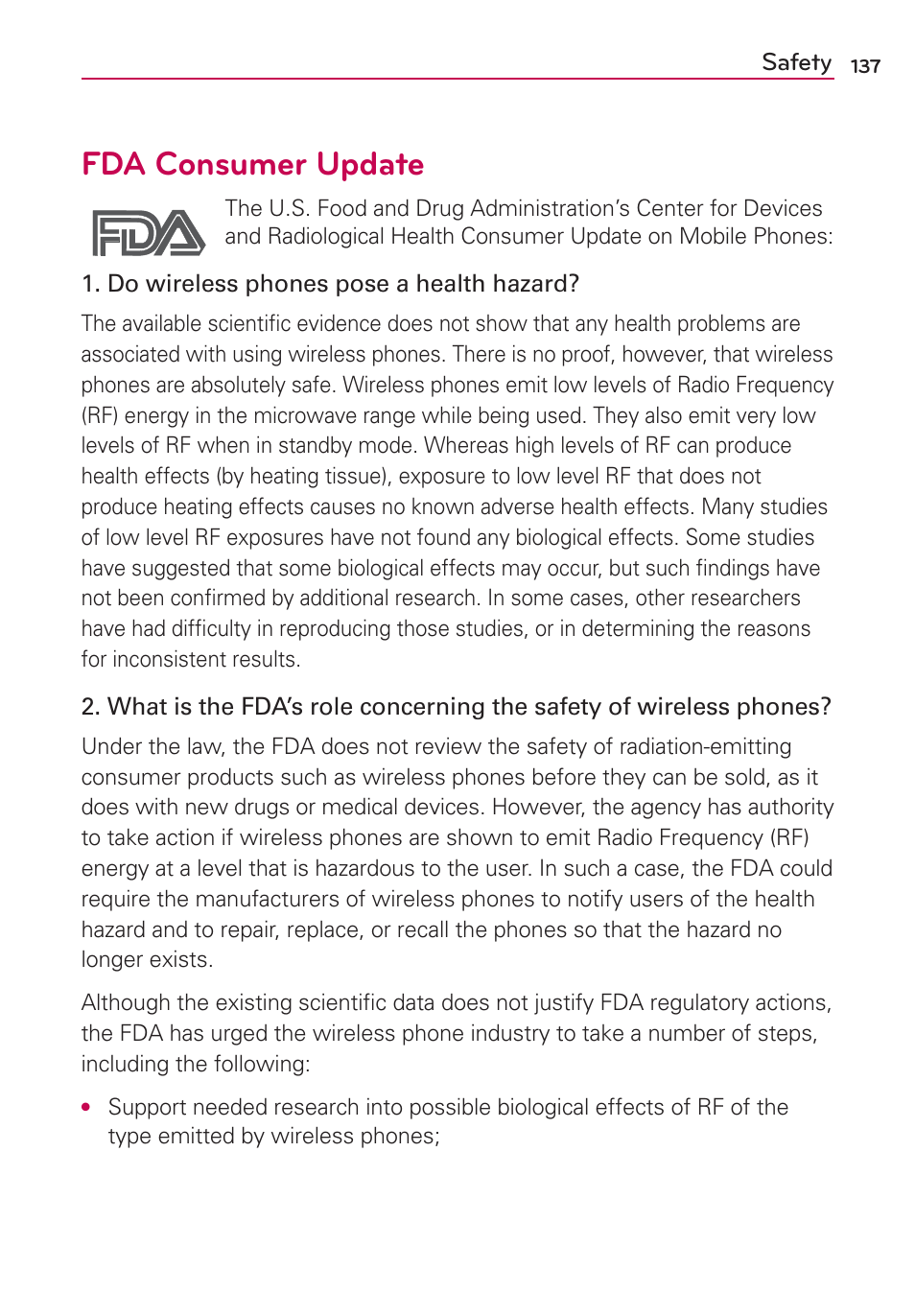 Fda consumer update | LG LGMS695 User Manual | Page 139 / 157