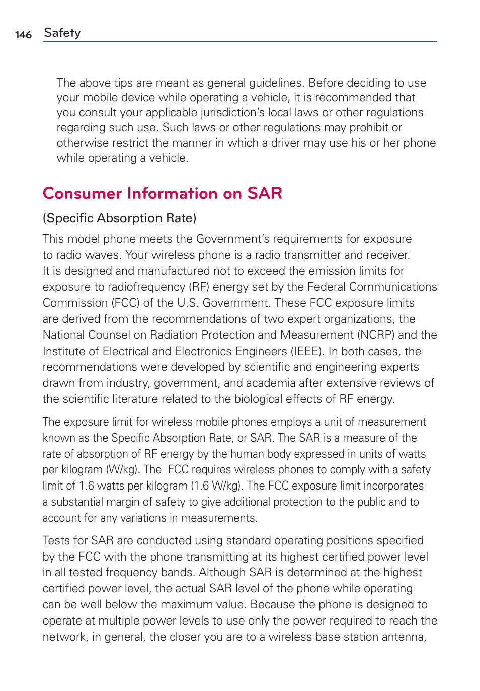 Consumer information on sar | LG LGMS695 User Manual | Page 148 / 157