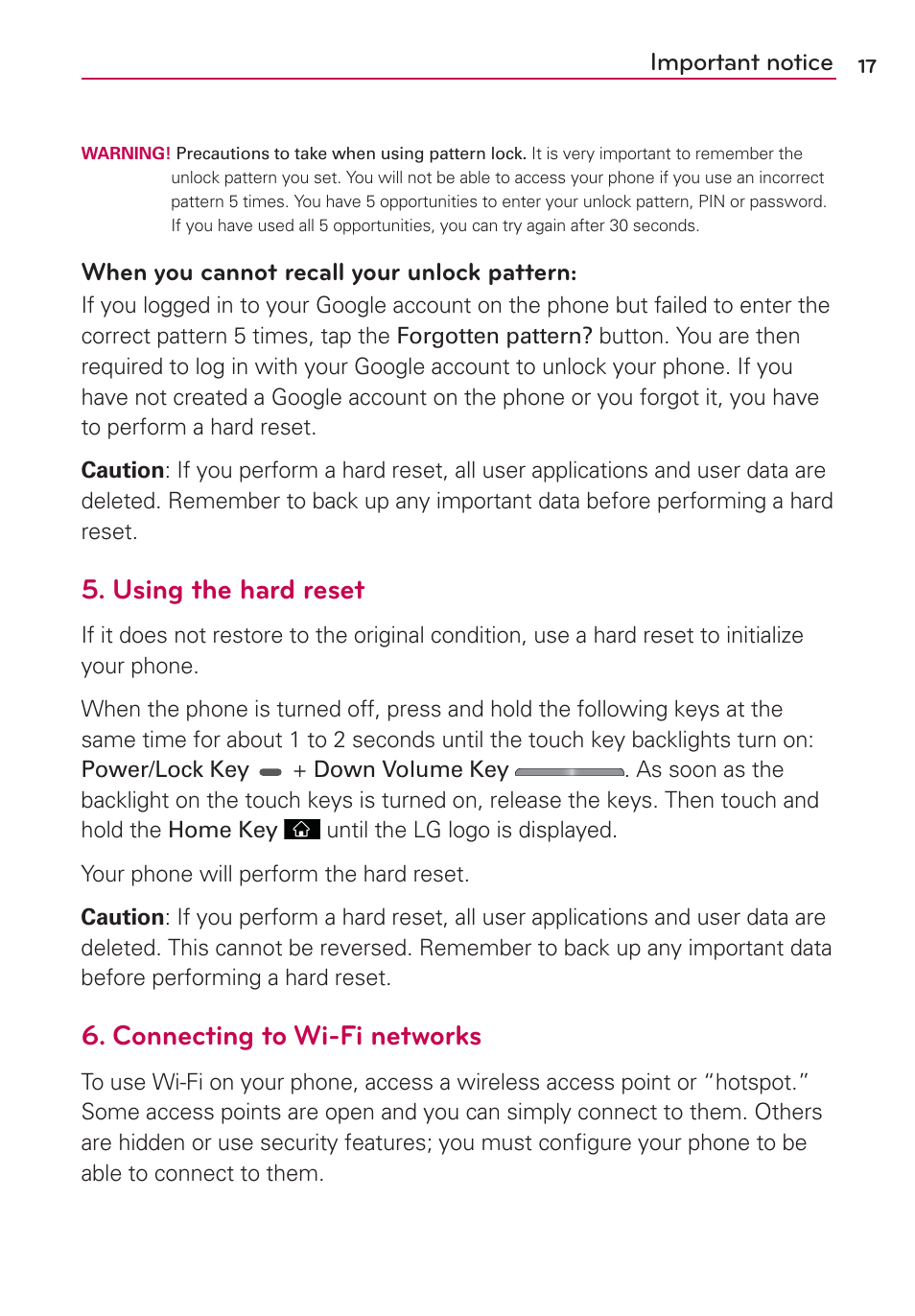 Using the hard reset, Connecting to wi-fi networks, Important notice | When you cannot recall your unlock pattern | LG LGMS695 User Manual | Page 19 / 157