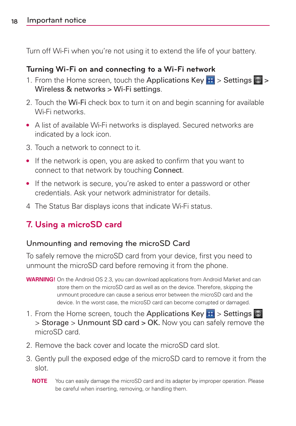 Using a microsd card, Important notice, Turning wi-fi on and connecting to a wi-fi network | Unmounting and removing the microsd card | LG LGMS695 User Manual | Page 20 / 157