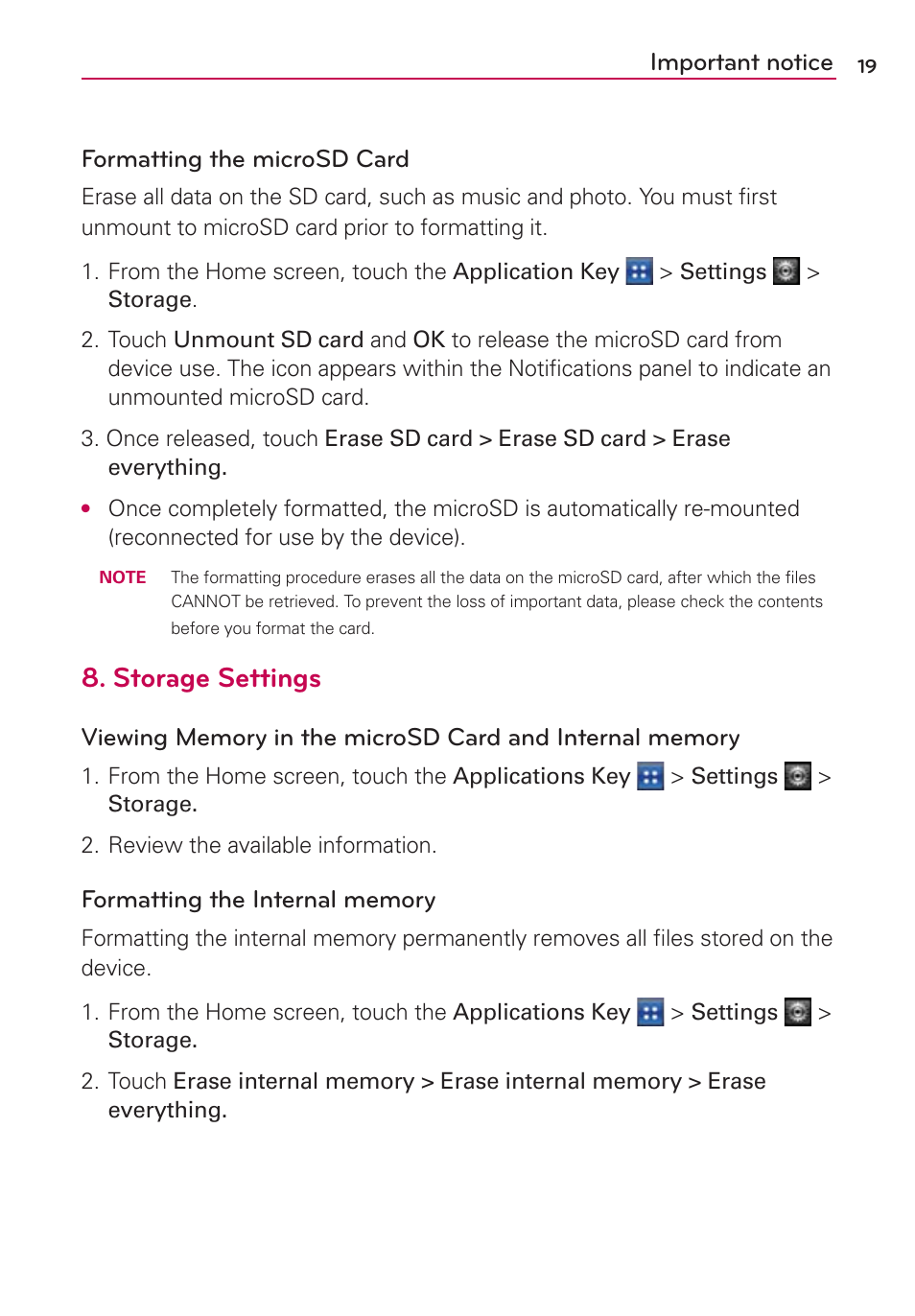 Storage settings, Important notice formatting the microsd card | LG LGMS695 User Manual | Page 21 / 157