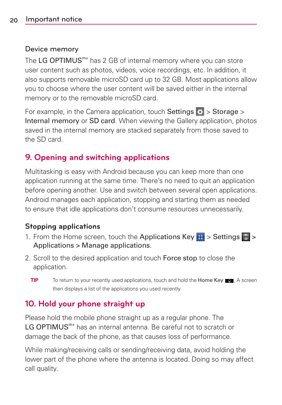 Opening and switching applications, Hold your phone straight up, Stopping applications | LG LGMS695 User Manual | Page 22 / 157