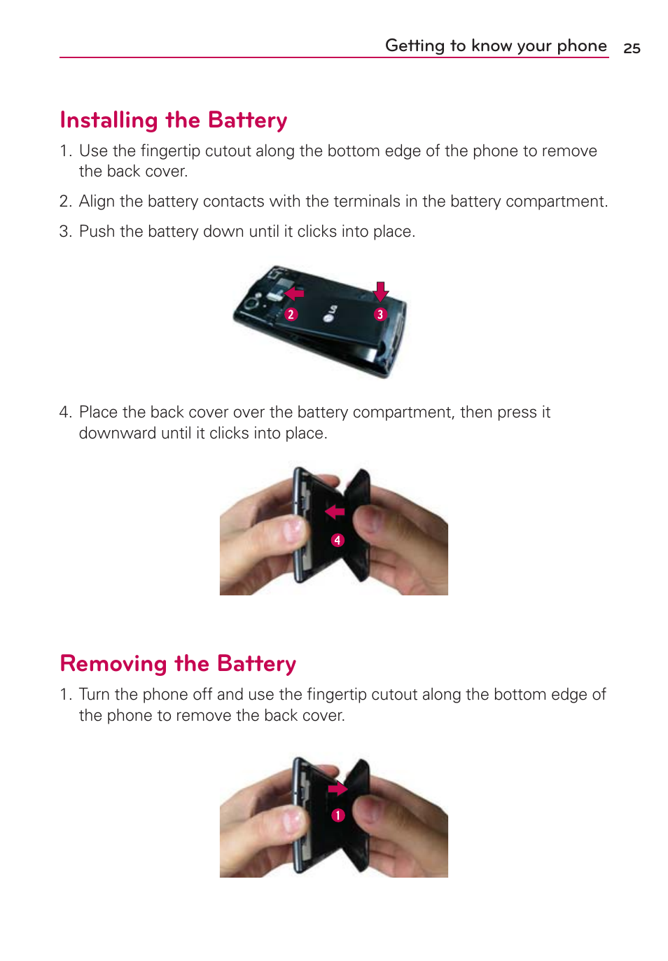 Installing the battery, Removing the battery | LG LGMS695 User Manual | Page 27 / 157