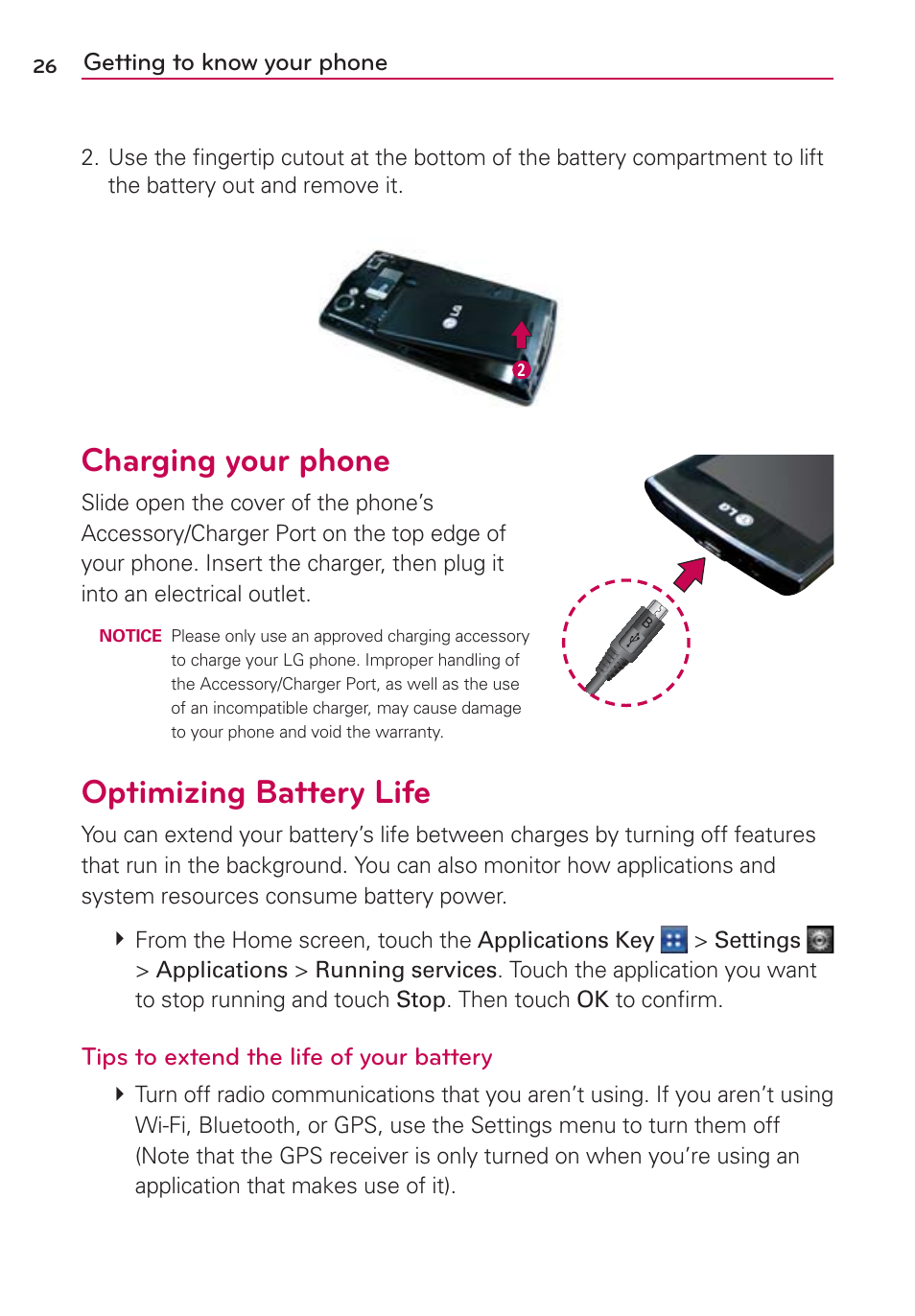 Charging your phone, Optimizing battery life | LG LGMS695 User Manual | Page 28 / 157