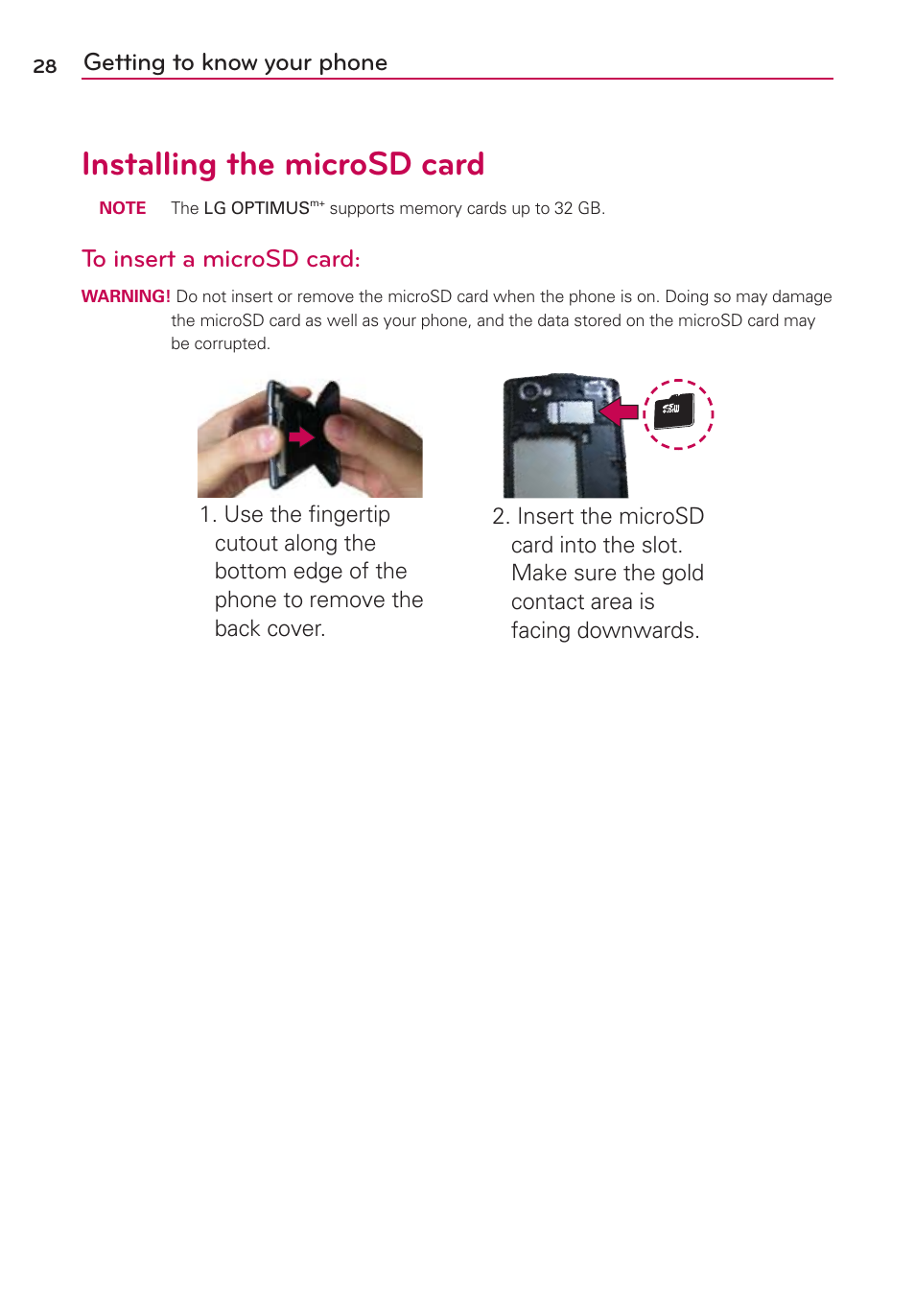 Installing the microsd card, Getting to know your phone | LG LGMS695 User Manual | Page 30 / 157