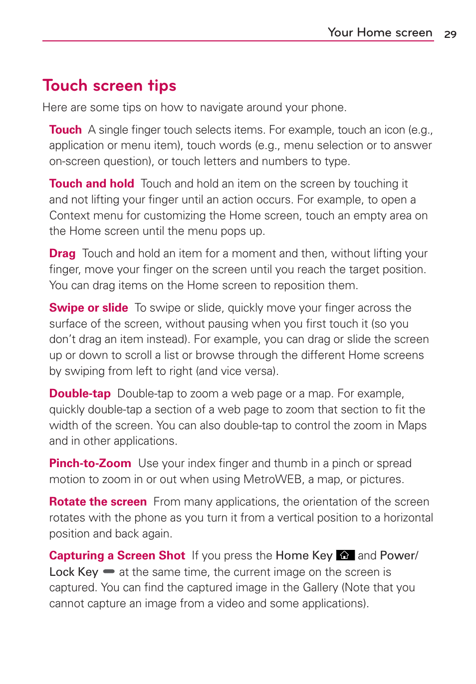 Your home screen, Touch screen tips | LG LGMS695 User Manual | Page 31 / 157