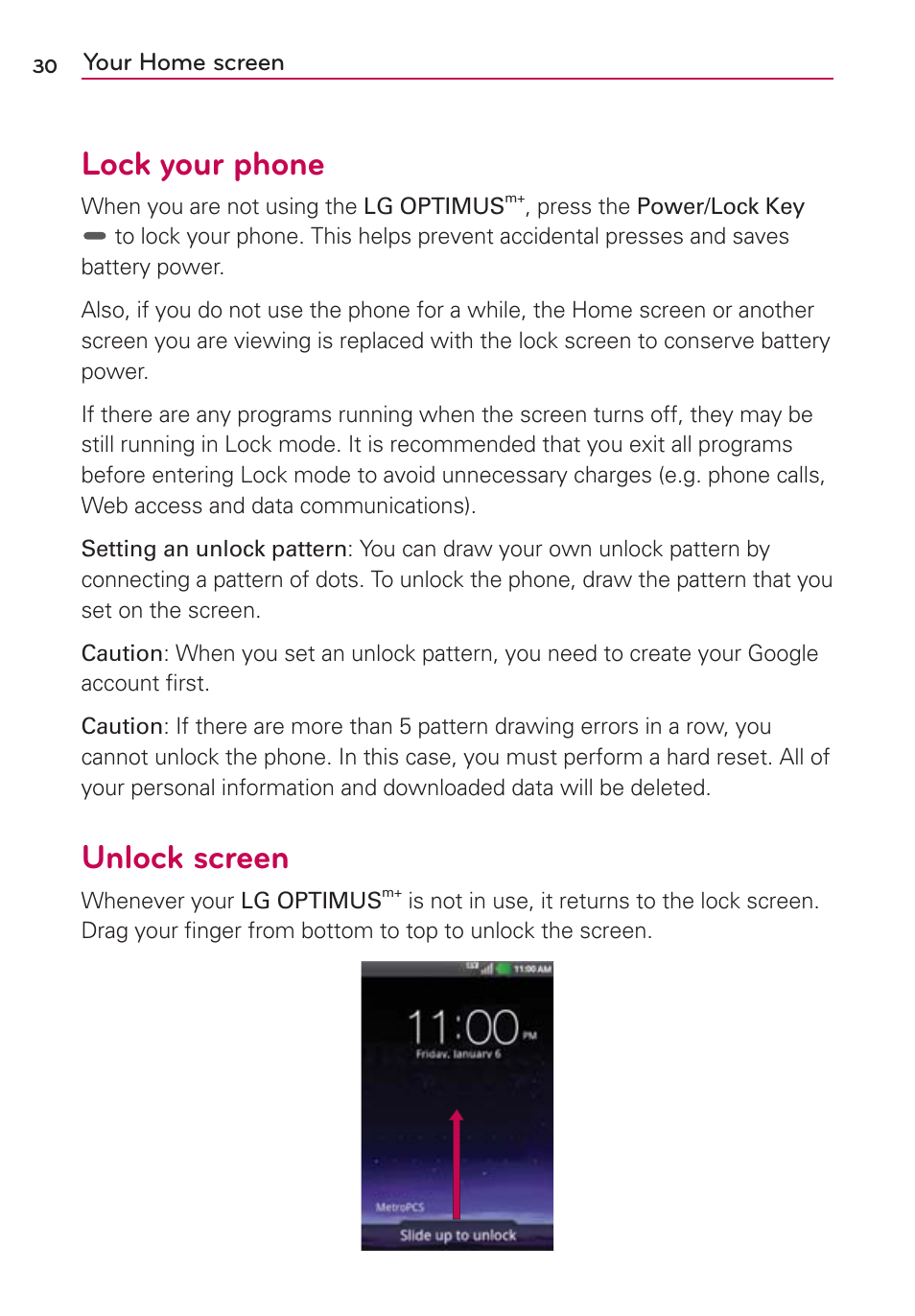 Lock your phone, Unlock screen | LG LGMS695 User Manual | Page 32 / 157