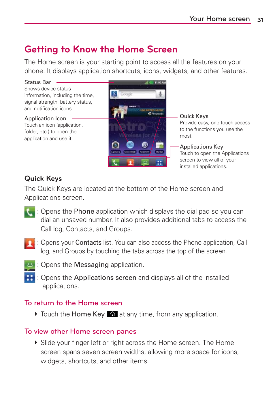 Getting to know the home screen, Quick keys, Your home screen | LG LGMS695 User Manual | Page 33 / 157