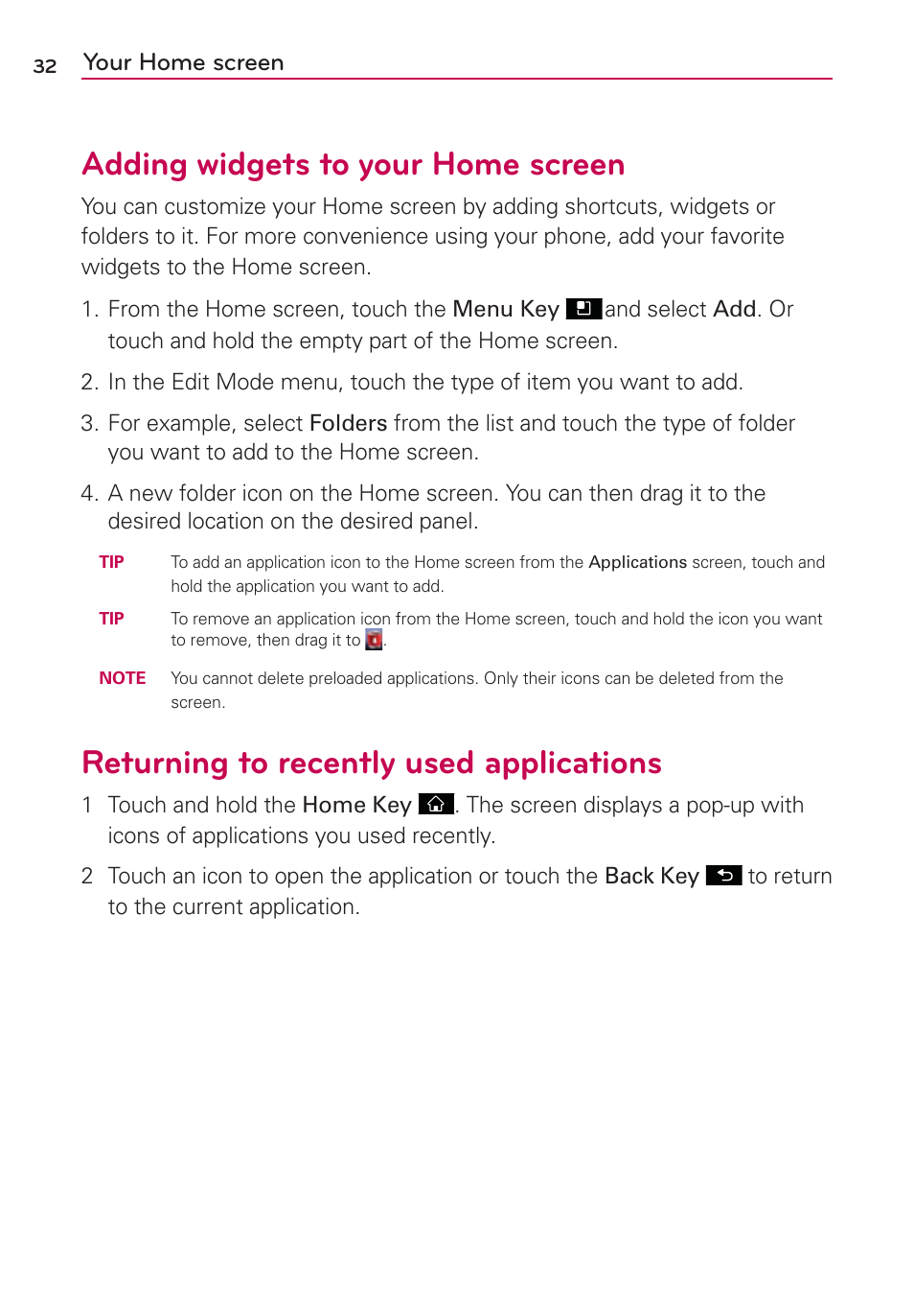 Adding widgets to your home screen, Returning to recently used applications, Your home screen | LG LGMS695 User Manual | Page 34 / 157