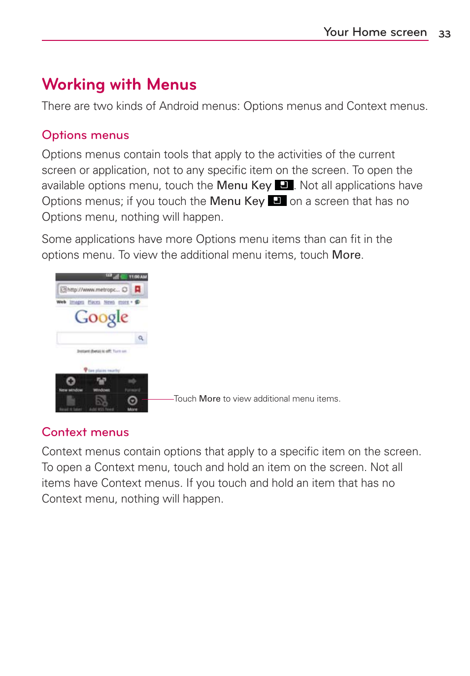 Working with menus | LG LGMS695 User Manual | Page 35 / 157