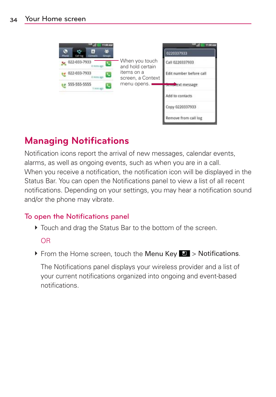 Managing notiﬁcations | LG LGMS695 User Manual | Page 36 / 157