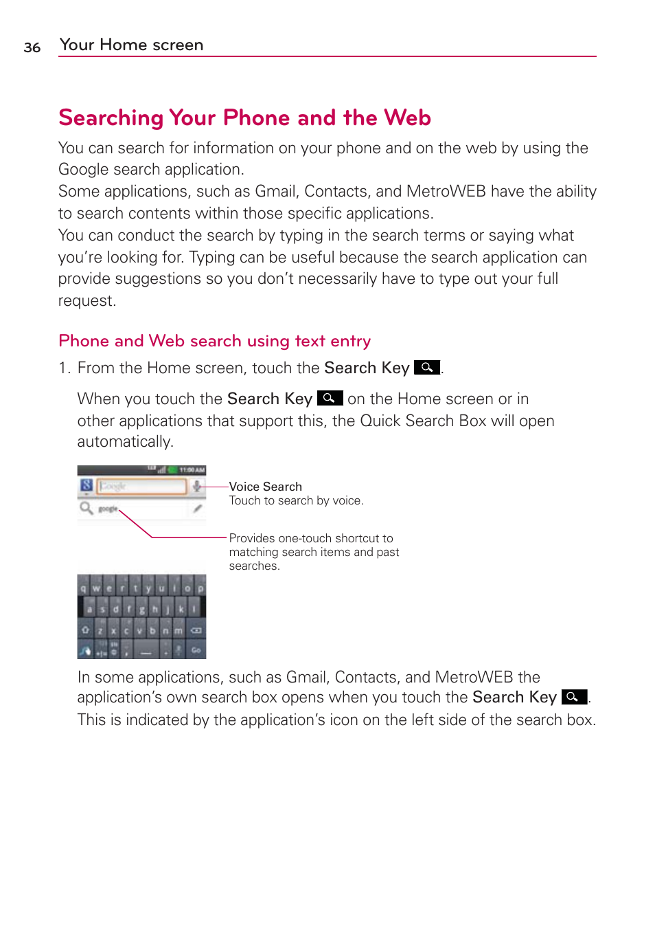 Searching your phone and the web | LG LGMS695 User Manual | Page 38 / 157