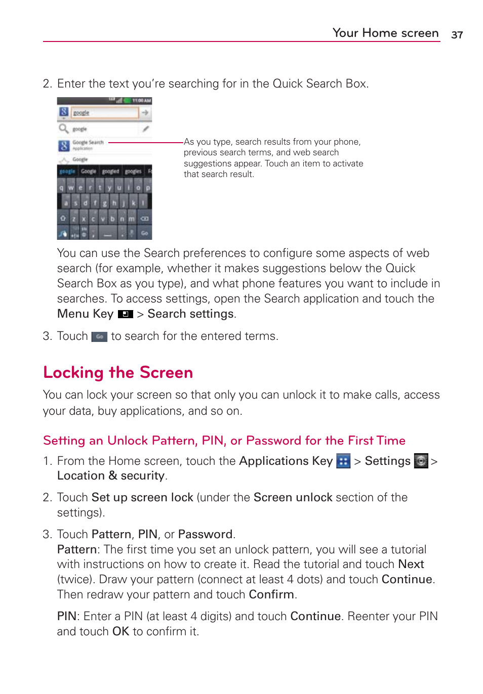 Locking the screen | LG LGMS695 User Manual | Page 39 / 157
