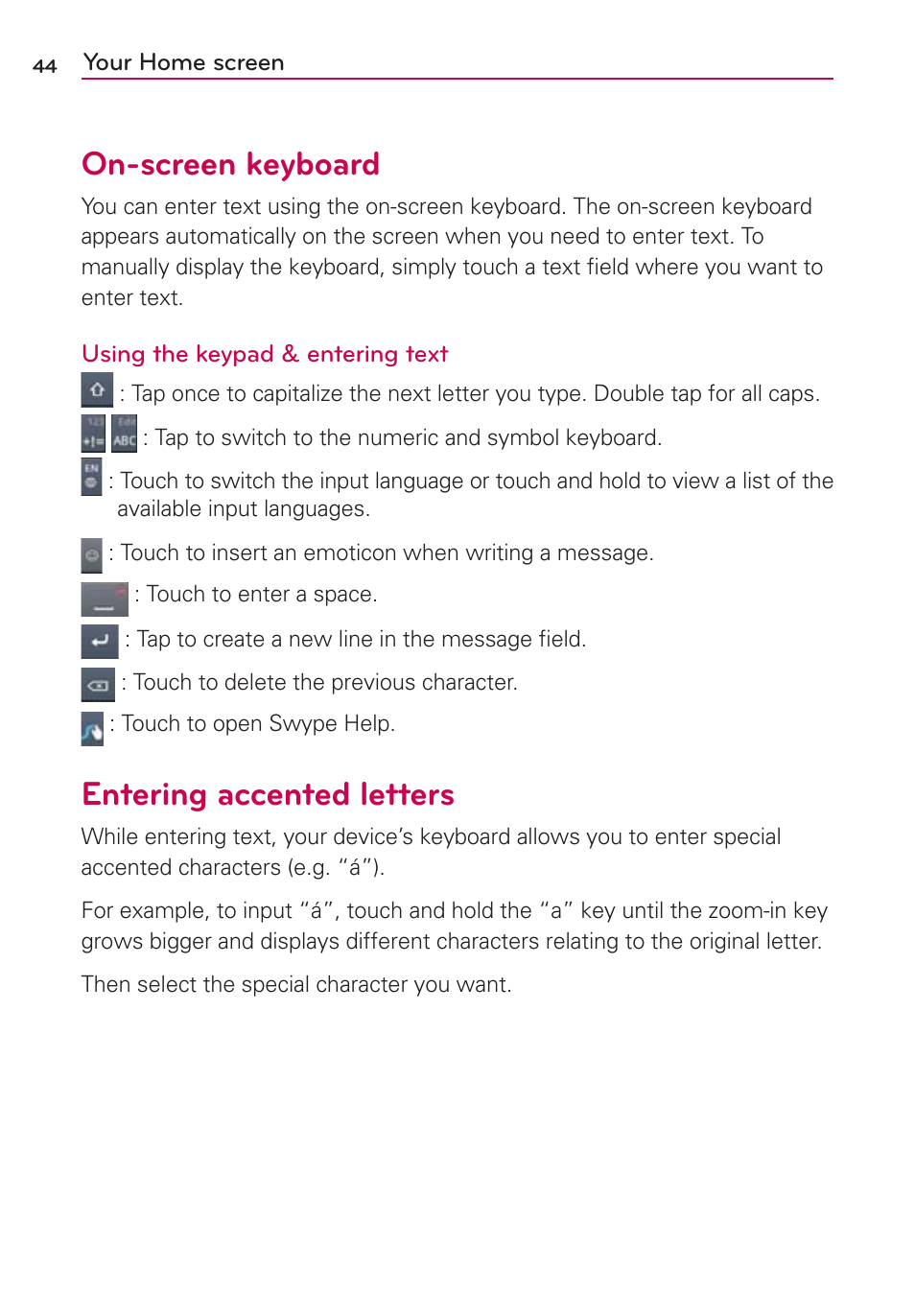 On-screen keyboard, Entering accented letters | LG LGMS695 User Manual | Page 46 / 157