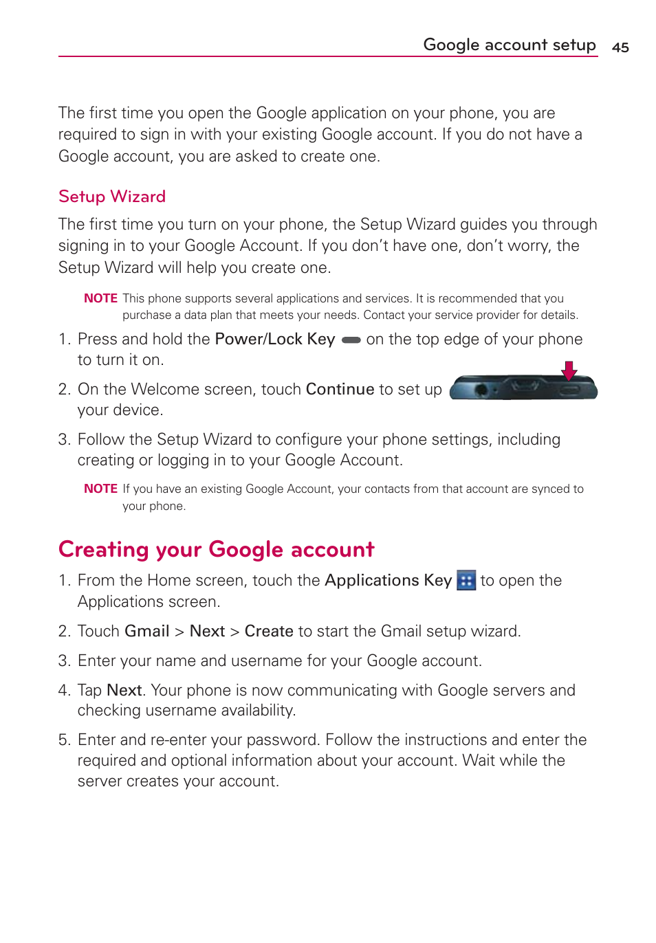 Google account setup, Creating your google account, Setup wizard | LG LGMS695 User Manual | Page 47 / 157