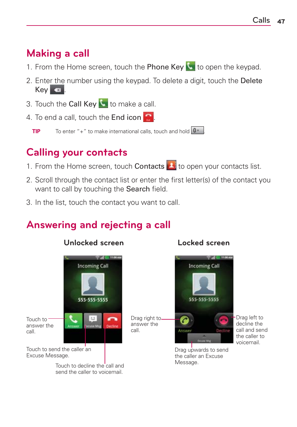 Calls, Making a call, Calling your contacts | Answering and rejecting a call | LG LGMS695 User Manual | Page 49 / 157