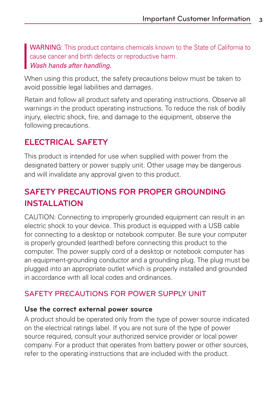 Important customer information, Electrical safety | LG LGMS695 User Manual | Page 5 / 157
